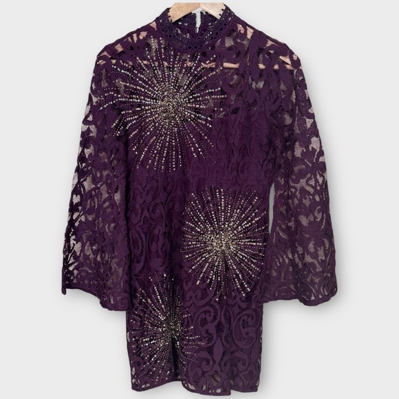 Free‎ People North Star Bell Sleeve Sequined Lace Plum Mini Dress Women's 4 - Picture 13 of 13